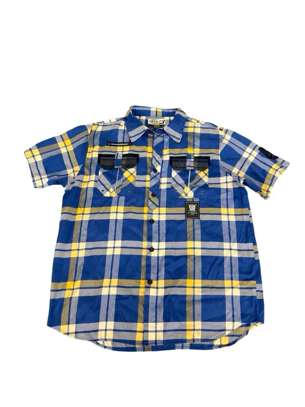Vintage Y2K Raw Blue plaid Button embroidered shirt 
Sz 3XL